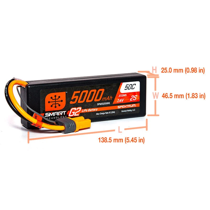 2 Cell 5000mAh 7.4V 50C Hard Case Smart G2 LiPo: IC5 4 2 Cell 5000mAh 7.4V 50C Hard Case Smart G2 LiPo: IC5 - Image 2